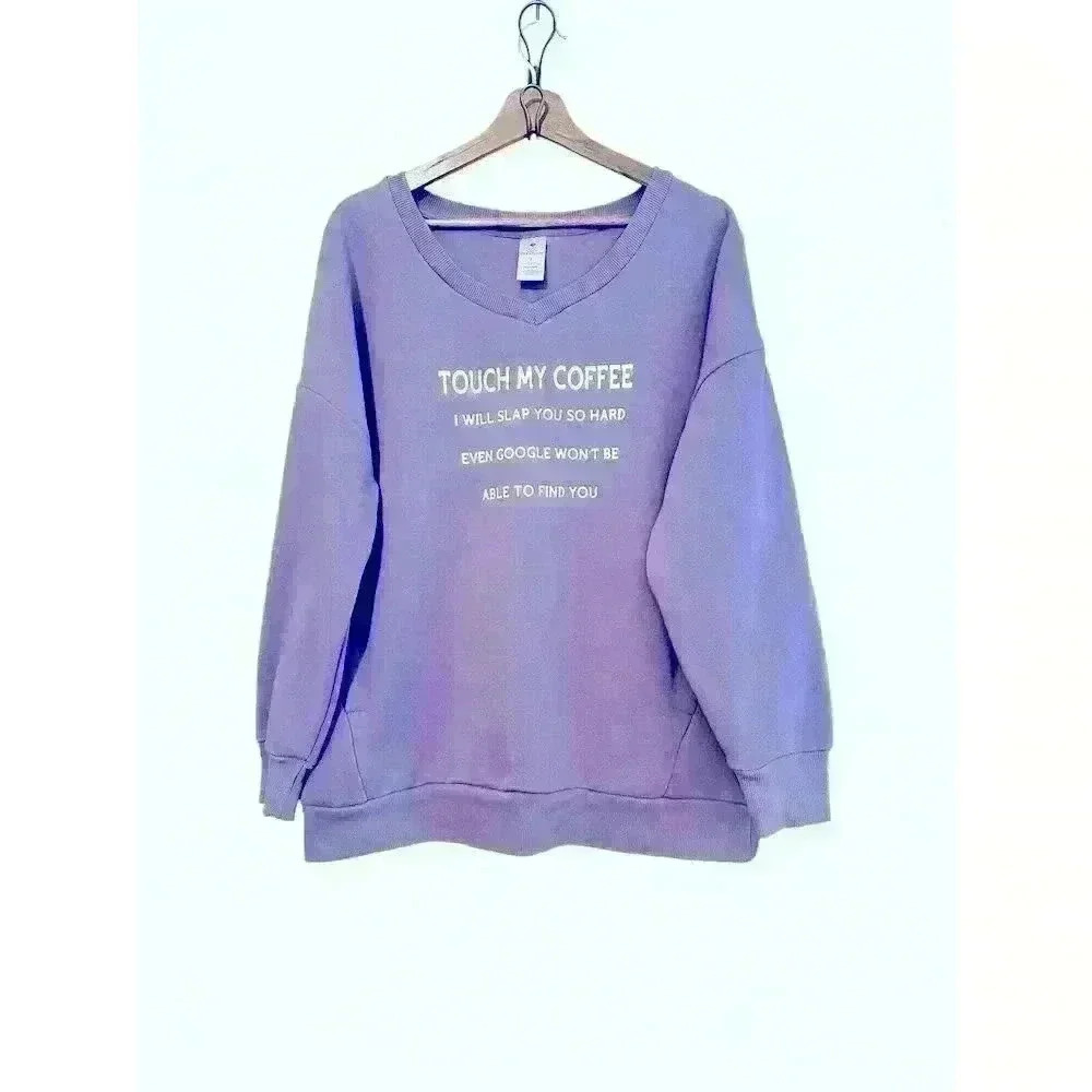 Funny Purple Coffee Pullover Crewneck V Neck Oversized Fit Size L Sarcastic